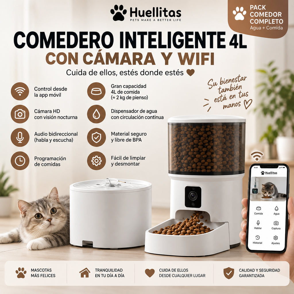 Pack Huellitas™ — Comedero Inteligente 4L con Cámara + Fuente de Agua 3L